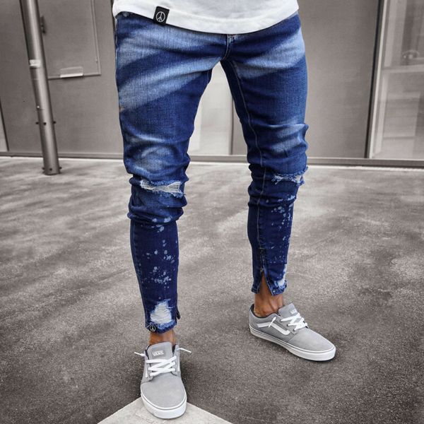 

men's pants brand style stylish men's ripped skinny jeans destroyed frayed slim fit denim pants trousers 230131, Black
