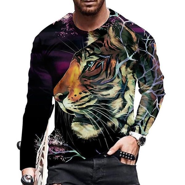 

men's t-shirts vintage print t-shirt 3d tiger lion shirt animal long sleeve loose o- neck summer cotton oversized 5xl clothes 230131, White;black