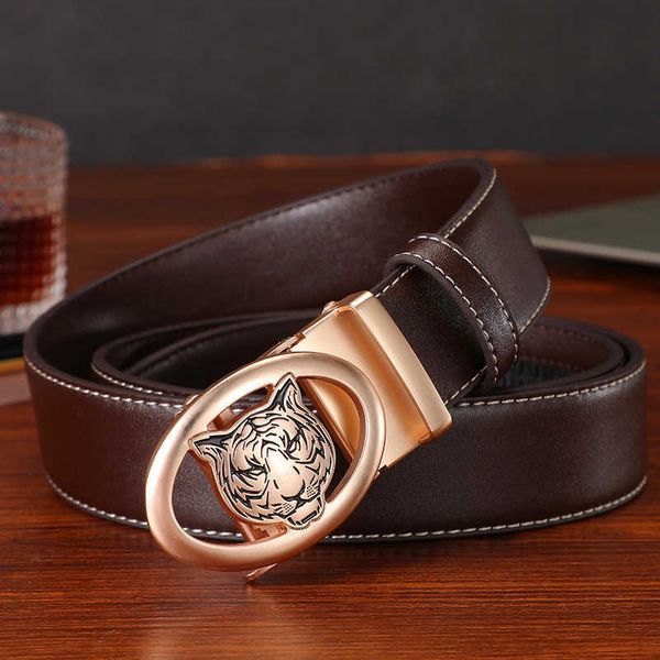 

men leather belt tiger head automatic buckle youth casual pants belt width 3.5cm luxury designer belts wholesale, Black;brown