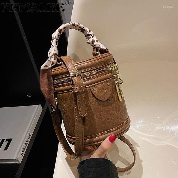 

shoulder bags small barrel-shaped women bucket solid color handbag retro tote scarf wrapped handle pu leather