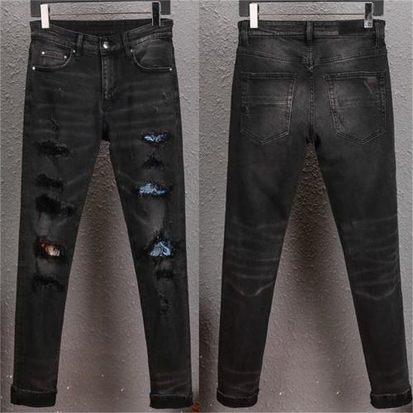 

designer jeansmens jeans denim embroidery pants fashion holes trouser hip hop distressed zipper trousers for male 11mu# zvke171, Blue