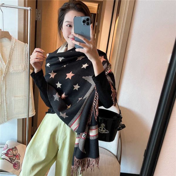 

scarves five pointed star women 2022 new type core spun yarn women's double sided warm keeping thickened tassel scarf air conditioner, Blue;gray