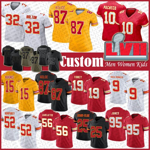 

custom 15 patrick mahomes 87 travis kelce custom football jersey isiah pacheco kadarius toney chris jones nick bolton george karlaftis marqu, Black;red