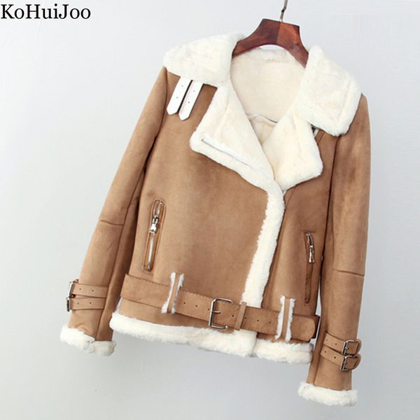 

women's leather faux winter lambs wool jacket women thick long sleeve cotton padded warm suede shearling sheepskin fur motorcycle coat, Black