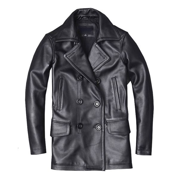 

men's leather faux genuine jacket male cowhide overcoat autumn winter business coat trench style double breasted clothes calfskin 23013, Black