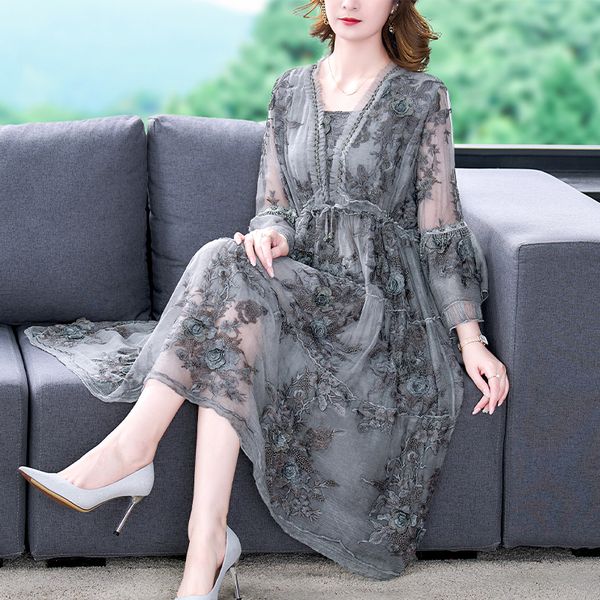 

casual dresses summer floral embroidery natural silk hollow out midi dress women korean fashion elegant bodycon light 230130, Black;gray