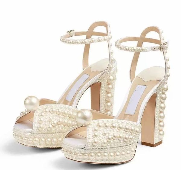

2023 new fashion bride sandal luxury designer shoes women dress shoe sacora peep toe pumps wedding white pearl hollow words buckle female sa, Black