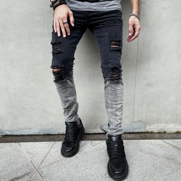 

men's jeans casual denim slim zipper black hole painted white stretch pencil pants ripped for straight full length 230131, Blue