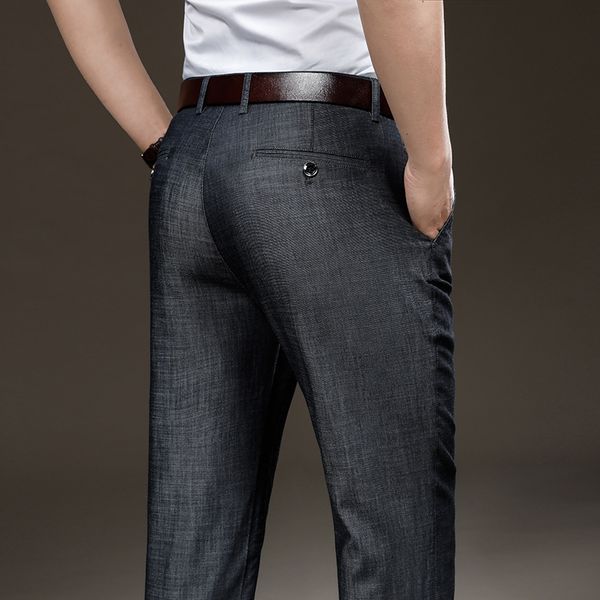 

men's pants summer thin breathable high waist business casual men work wide legs classic blue trausers male plus size 42 230131, Black