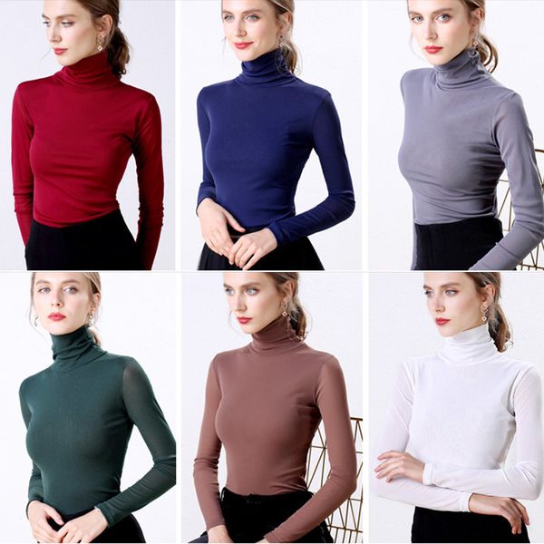 

women's tshirt autumn womens pullover turtleneck blouse shirt long sleeve elasticity red women casual shirts 230131, White