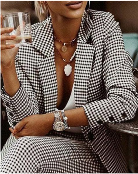 

women's two piece pants spot women's plaid slim lapel suit 230131, White