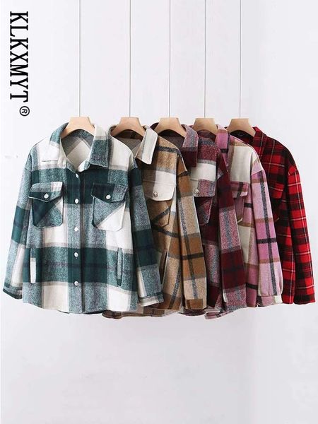 

womens jackets klkxmyt plaid jacket women coat traf autumn winter vintage stylish pockets oversized coats casual warm chic 230130, Black;brown