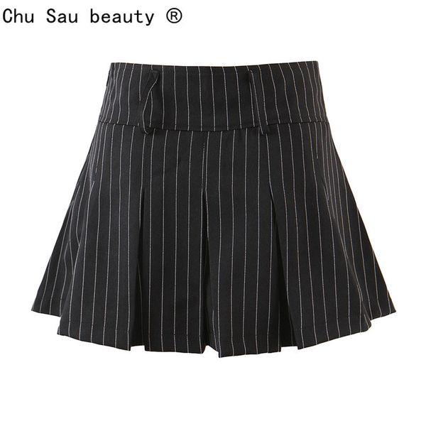 

skirts vintage college style high waist striped pleated skirt woman slim fit kawaii short mini skirt for girl spring autumn 230131, Black