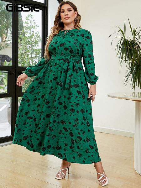 

plus size dresses gibsie size floral print tie neck belted dress women spring fall vintage long sleeve elegant maxi aline 230130, Black