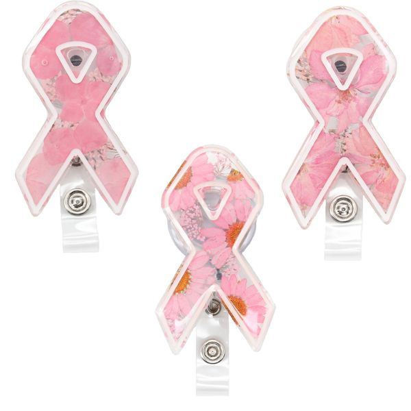 

10 pcs/lot custom key rings office supply 3 style pink ribbon breast cancer awareness dried flower resin badge clip retractable badge reel, Slivery;golden