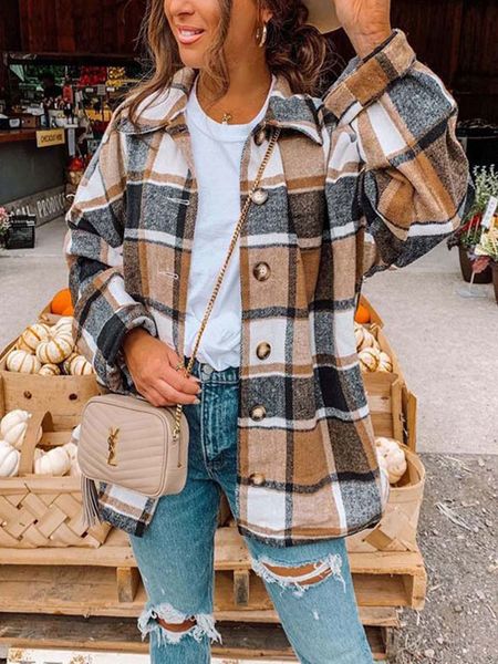 

womens jackets autumn plaid coat overshirt long checkered female sleeve oversized winter shirt coats for 230130, Black;brown