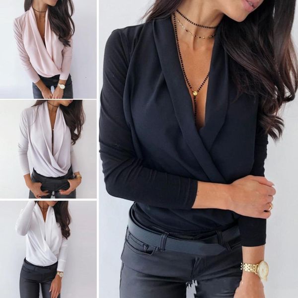 

women's tshirt spring autumn fashion elegant women long sleeve deep v neck solid color blouse slims fit 230131, White