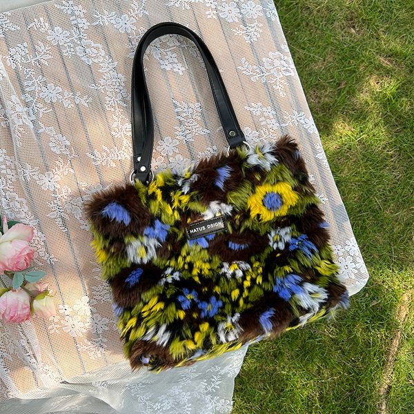 

evening bags jiomay fluffy for women luxury handbags winter plush shoulder colorful floral printing large capacity tote 230131