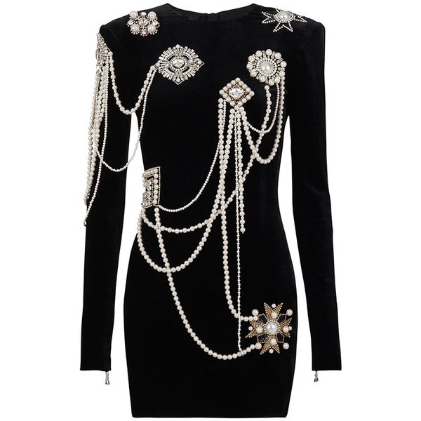 

high-quality velevt party dress with beading pearls crystal decoration, White;black