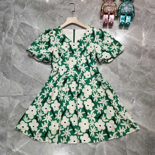 

bubble sleeve dress floral print v-neck short sleeves slim dresses back zipper design pleated hemline fashion maxiskit summer dresses for wo, Black;gray