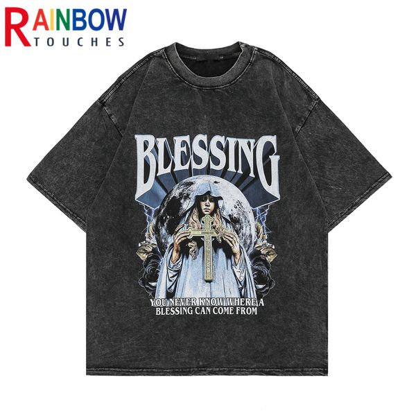 

men's t-shirts rainbowtouches washed t shirt vintage high street cross pattern oversize shirts fashion mens graphic black 230131, White;black