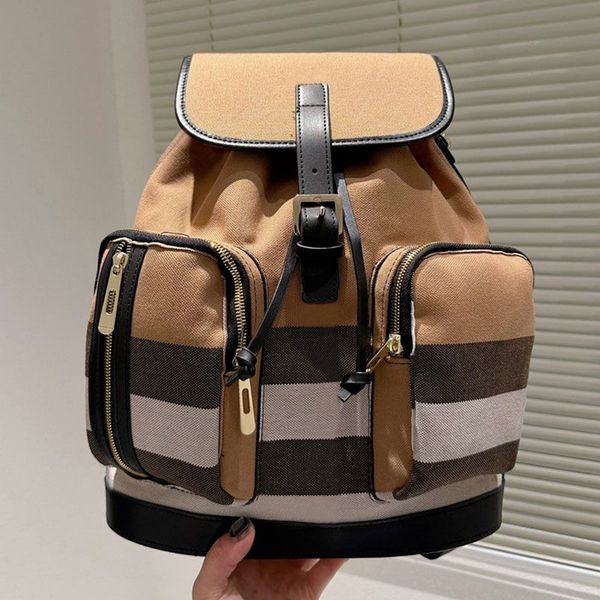 

2023 new fashion string backpack women shoulder bag men tartan handbag canvas patchwork color two front pockets adjustable shoulder strap la