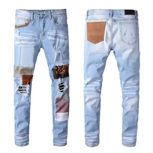 

2023ss men's pants hip-hop vaqueros overlap high street fashion brand jeans retro torn fold stitching men's designer motorcycle ri, Blue