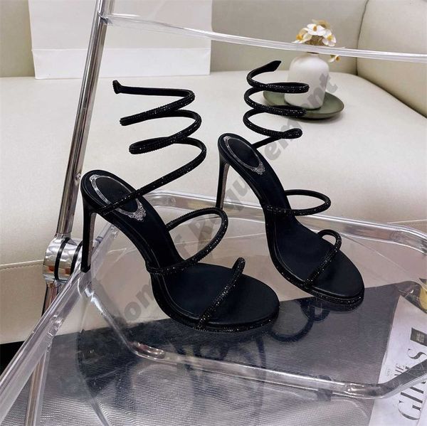 

2022 margot jewel sandals snake twining elegant sandal 10cm stiletto high heel crystal gold rhinestone dress shoes silver soles women summer, Black