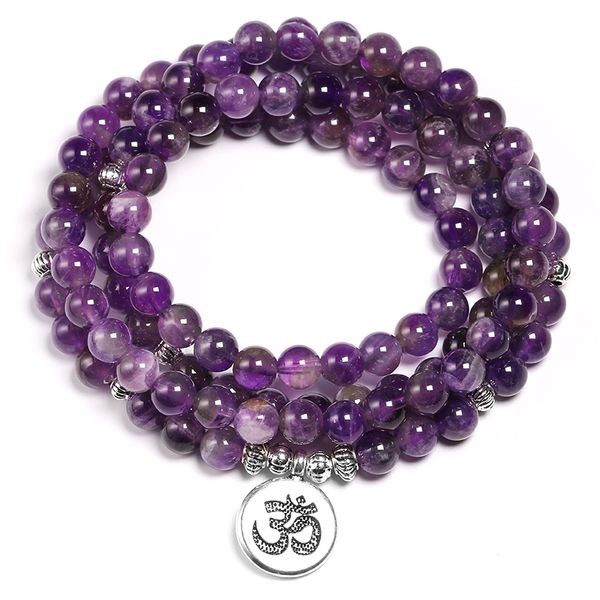 

beaded natural purple crystal amethysts bracelet 6mm beads necklace yoga 108 mala stone bracelet for women lotus energy jewelry 230131, Black