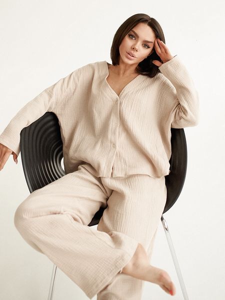 

women's sleepwear linad khaki pure cotton v neck single breasted wide leg pants trouser suits drop sleeves set woman 2 pieces loungewea, Black;red