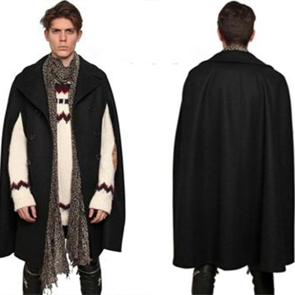 

men's wool blends m4xl long autumn and winter woolen coat doublebreasted bat shirt cloak sleeve shawl sleeveless 230130, Black