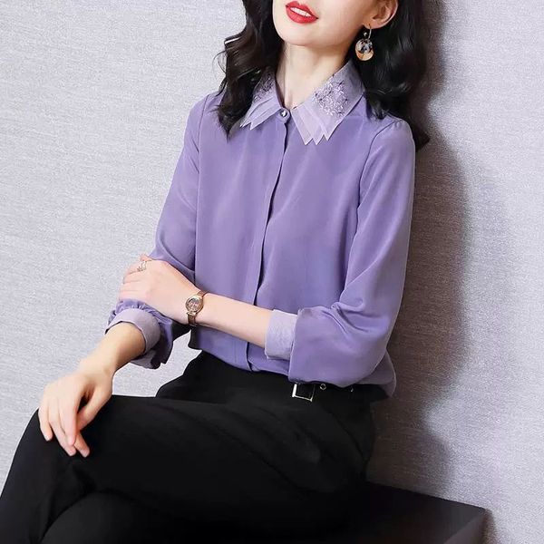 

women's tshirt spring summer women chiffon turndown collar blouses lady shirts female casual purple blusas 230131, White