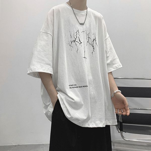 

men's t-shirts oversized t-shirt lightning print solid color tees shirt spring summer round neck casual man half short sleeves 230131, White;black