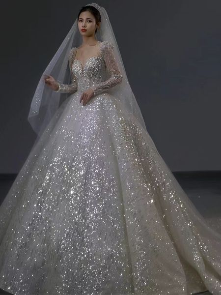 

princess white a line wedding dresses bridal gowns puffy tiered tulle skirt long sleeve sweep train floor length bride dress saudi arabia el