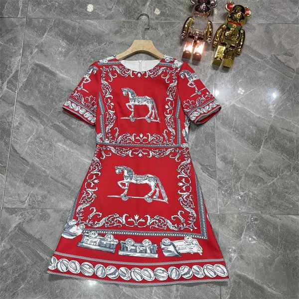 

summer dress animal logo printing round neck short sleeves dresses back zipper design corset waist slimming maxiskit traditional national st, Black;gray