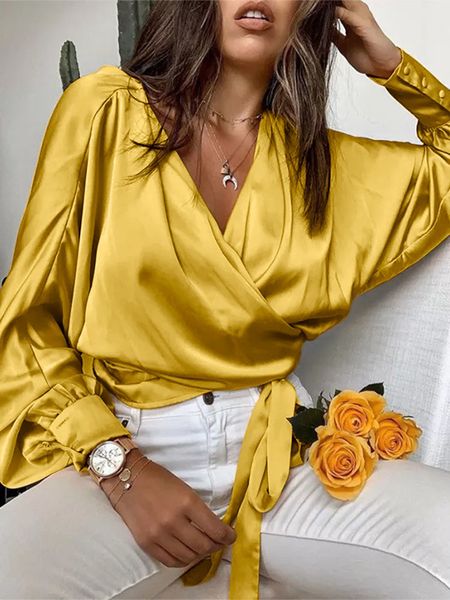 

women's blouses shirts celmia women satin blouses fashion elegant long bat sleeve shirts summer cross v neck bandage waisted haut style, White