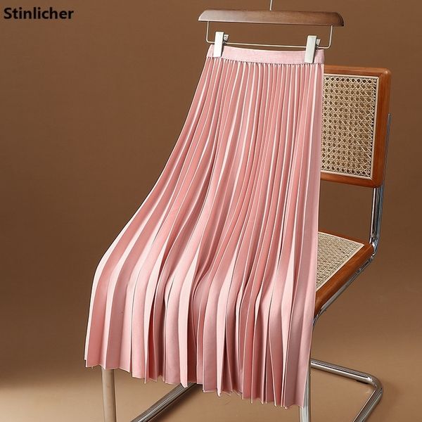 

skirts solid color pleated long skirt women korean fashion ladies work casual elastic high waist a line party spring summer 230131, Black