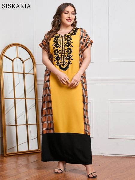 

plus size dresses size floral embroidery patchwork maxi for women elegant crew neck short sleeve arabic clothes ramadan 230130, Black