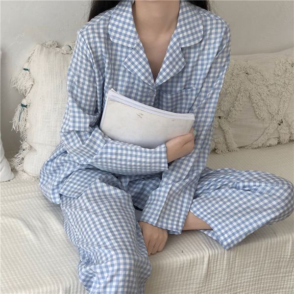 

women's sleepwear spring women plaid pajamas set casual loose full sleeve long pants 2 pcs suit home clothes pyjamas nightwear 230131, Black;red