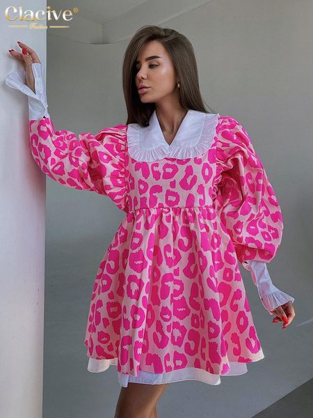 

casual dresses clacive fashion print women chic doll collar lantern sleeve mini elegant loose patchwork female 230131, Black;gray