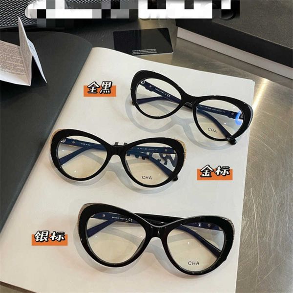 

2023 new luxury designer sunglasses ch3405 internet celebrity ins with the same cat eye glasses frame female personality flat lens trend, White;black