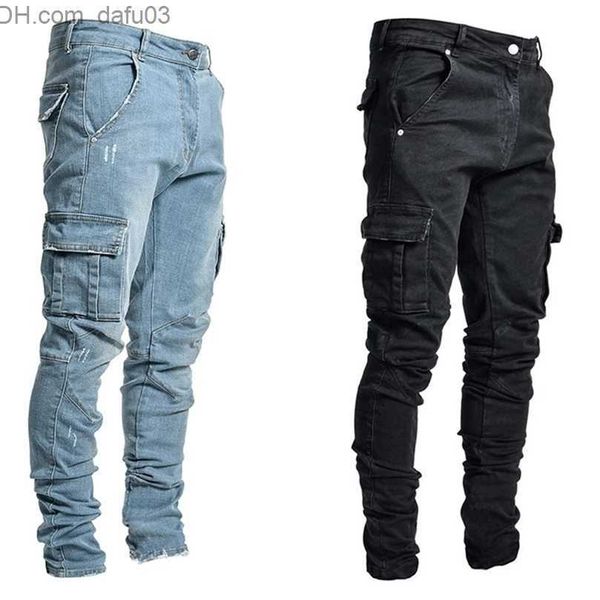 

men's jeans jeans men pants casual cotton denim trousers multi pocket cargo jeans men fashion denim pencil pants side pockets cargo w22, Blue
