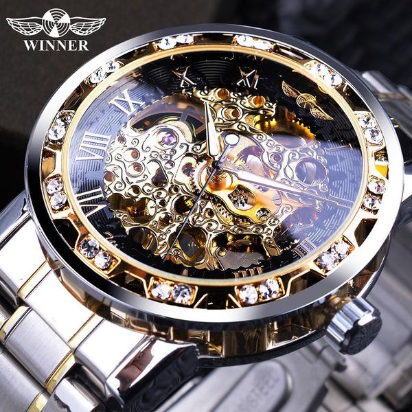 

wristwatches winner transparent fashion diamond luminous gear movement royal design men brand luxury male mechanical skeleton wrist watch 23, Slivery;brown