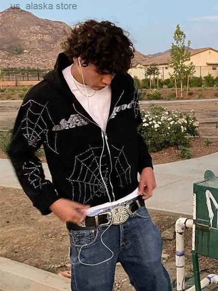 

men's hoodies sweatshirts 2023 aesthetic goth hoodie men's garbage y2k rhinestone cobweb zipper oversized sweatshirt hoodie jacket, Black