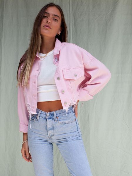 

jackets female pink denim jackets long sleeve turn down collar streetwear short length fall jeans jackets loose casual crop jacket women 230, Blue;gray