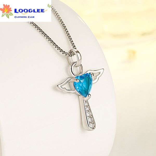 

european and american collarbone chain heart shaped diamond angel wing pendant angel wing love zircon pendant necklace, Silver