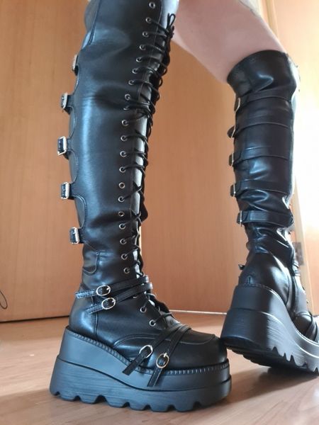 

boots brand design big size 43 shoelaces cosplay motorcycles boots buckles platform wedges high heels thigh high boots women shoes 230801, Black