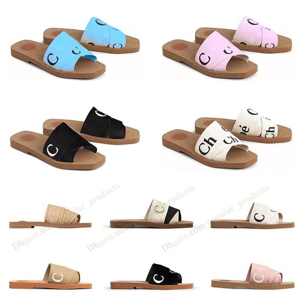 

2023 new slipper for womens woody sandals flat mule slides beige white black pink lace canvas fuzzy fur summer beach shoes famous house slid