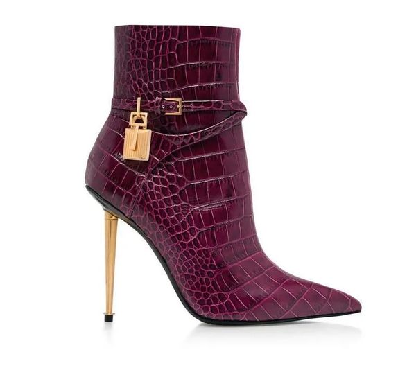 

winter luxury padlock leather ankle boots lock & key buckled straps women metal stiletto heels fashion lady pointed toe lady booties eu35-43, Black