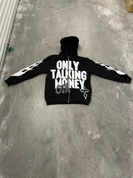 

men's hoodies sweatshirts y2k flame letters print hooded sweatshirt men retro high street zipper loose jacket coats autumn winter haraj, Black